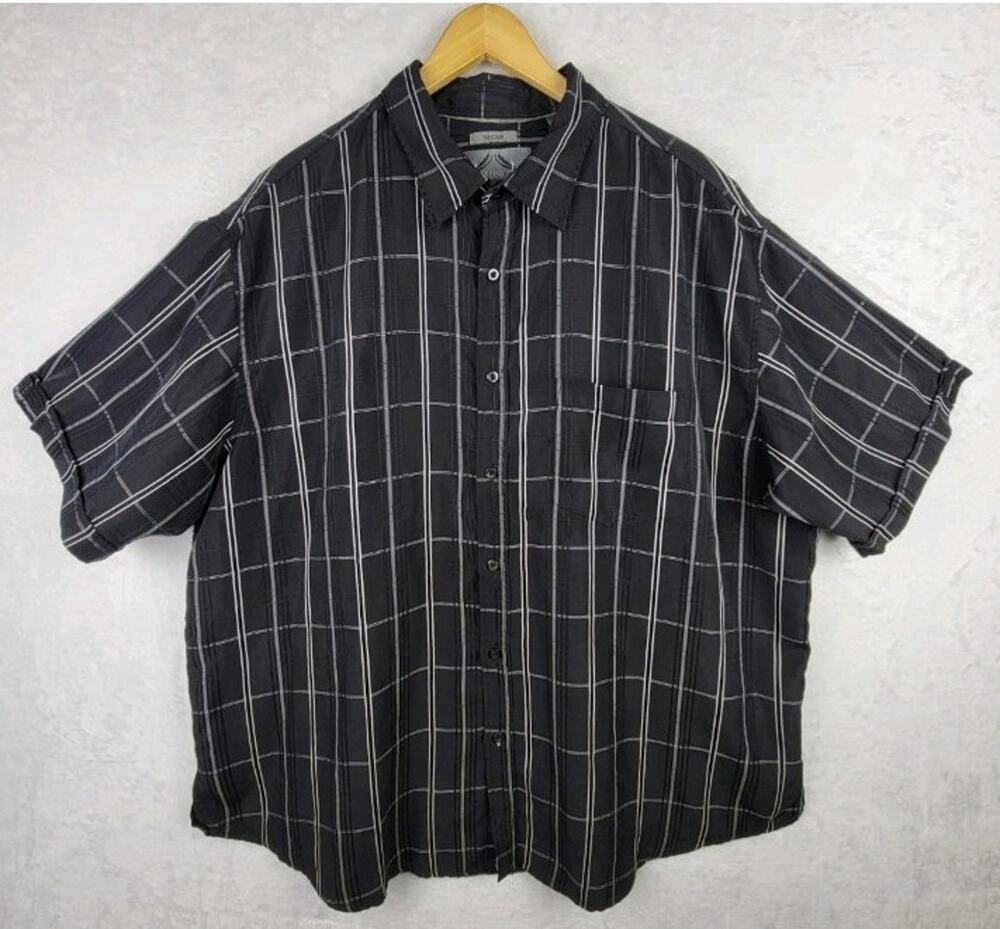 Preppy Men Shirt Short Sleeve Button Black White Plaid Pocket Dad Casual Sz 2X